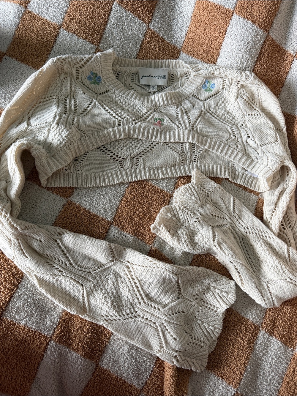Petite Cream Open-Knit Cropped Sweater with Floral Accent